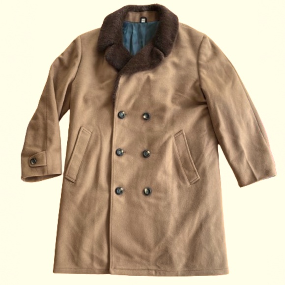 Vintage Caramel Tan Double Breasted Fur Collar Pea Coat Alpaca Fur Lined 2X - Picture 11 of 16